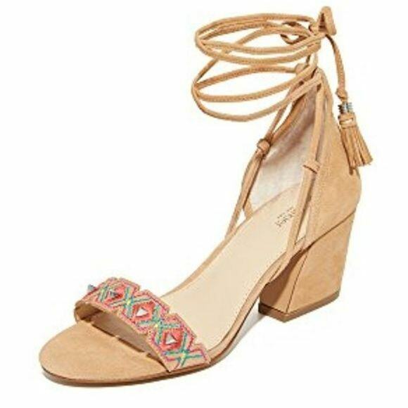 Botkier Penelope Tan Suede Embroidered Ankle Lace Up Heeled Sandals NEW Womens 8 - Picture 10 of 10